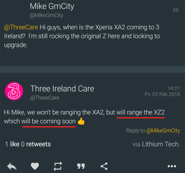 Сотовый провайдер сообщил о скором анонсе Sony Xperia XZ2