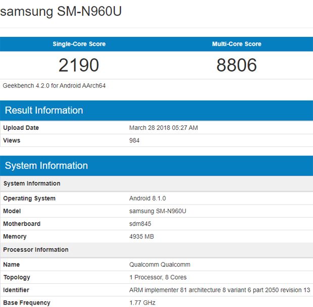 В базе данных бенчмарка Geekbench всплыл Samsung Galaxy Note 9