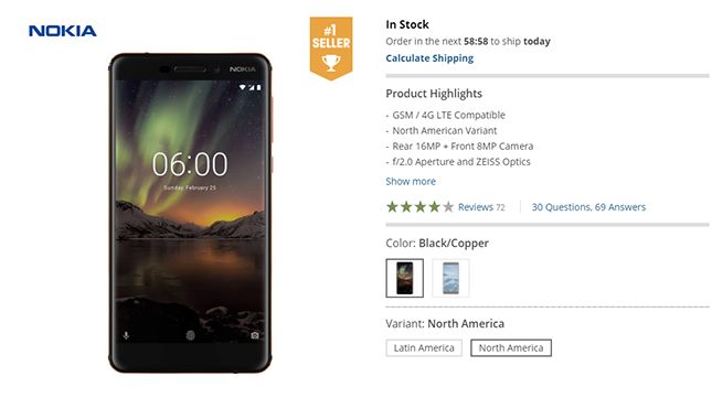 Смартфон Nokia 6.1 стал бестселлером в американском интернет-магазине