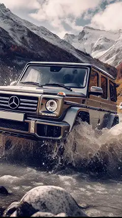 Beau fond d'écran 2K pour smartphone avec SUV dans les montagnes